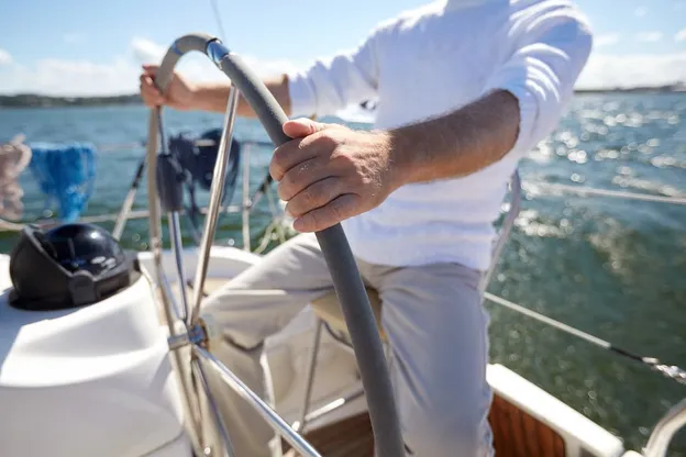 A man steering the helm of a sail boat.